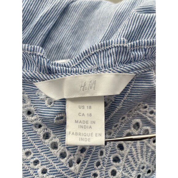 H&M Blouse Size 18 Button Front Long Sleeve Embroidered Lace Striped Blue White - Picture 5 of 12
